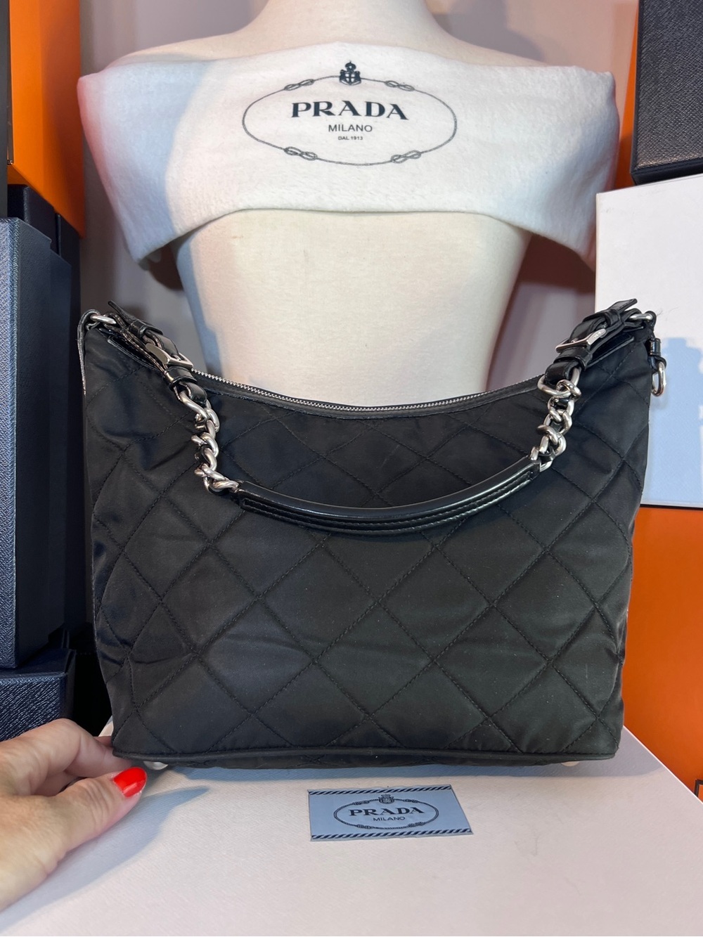 Prada⭐️Black Quilted Shoulder Bag with Silver chains inc!⭐️Offers welcome! - Picture 12 of 15